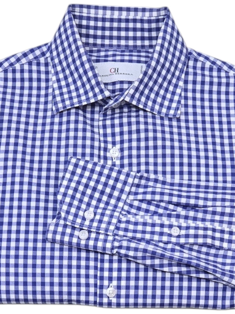 Carolina Herrera Men's Dress Shirt 15.5 Neck M Blue White Gingham Long Sleeve